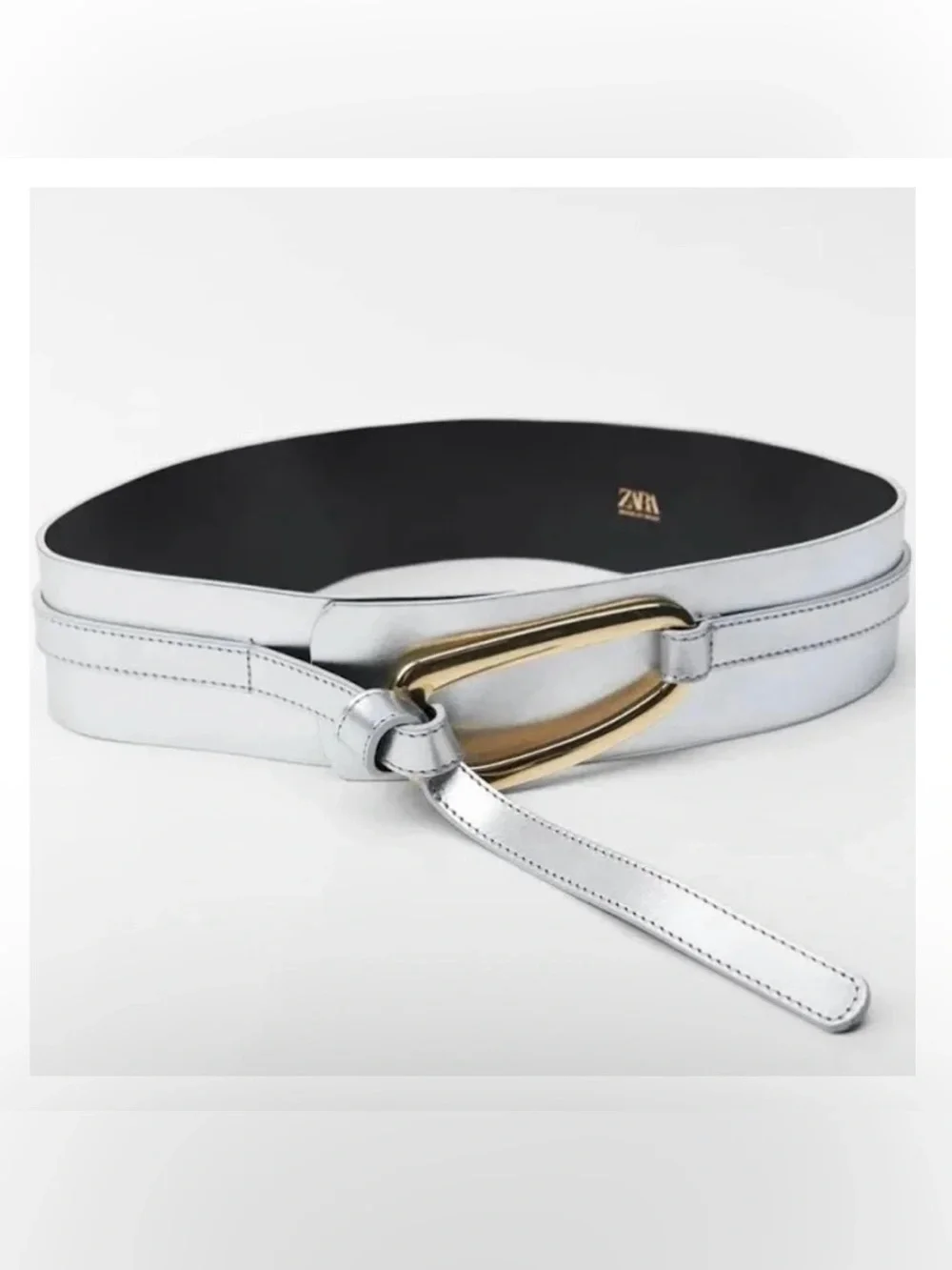 Zara Metallic Silver Wide Waist Belt with Gold-Tone Loop Buckle
